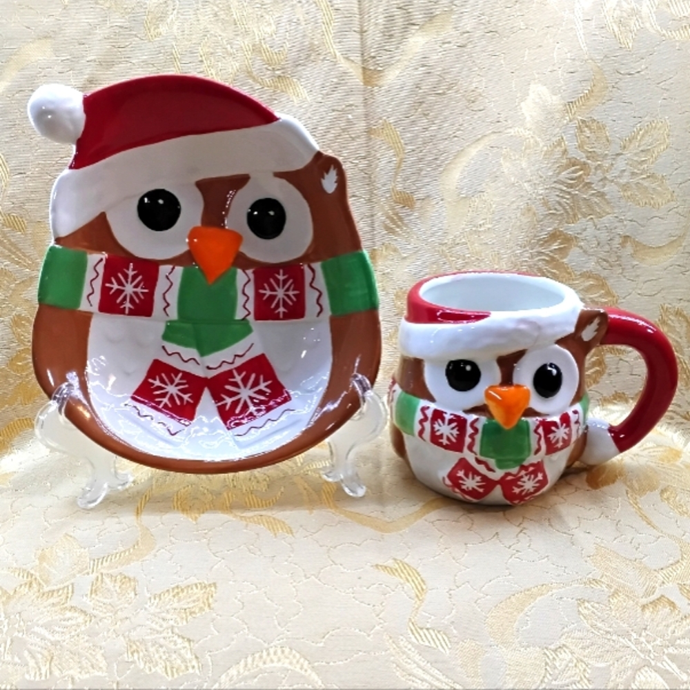 🎄Painted 3D OWL W/ SCARF Christmas Mug & Plate Set Ceramic
